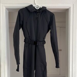 Black One-Piece Jumpsuit with Hood and Belt